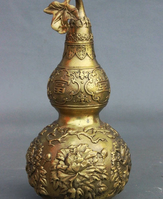 

9" Chinese Fengshui Brass Beautiful Peony Flower Gourd Wine Pot Flagon Statue