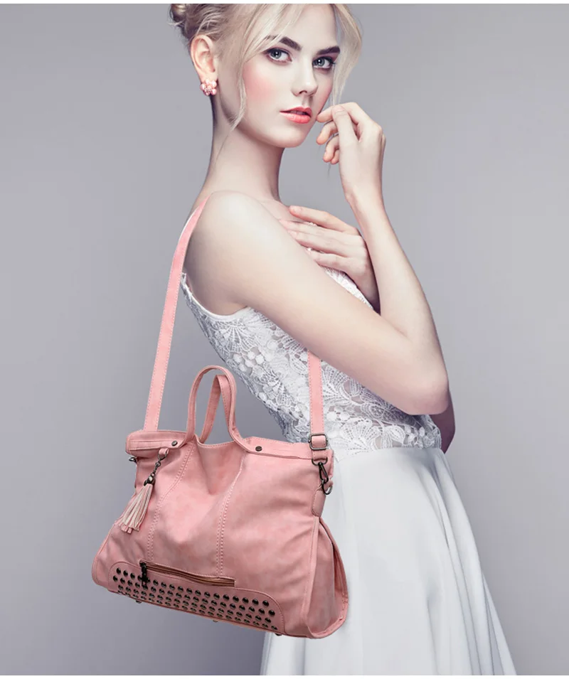 Scrub Rivet Soft Leather Bag New Fashion Tassel Handbag Large Capacity Casual Wild Shoulder Messenger Bag Female