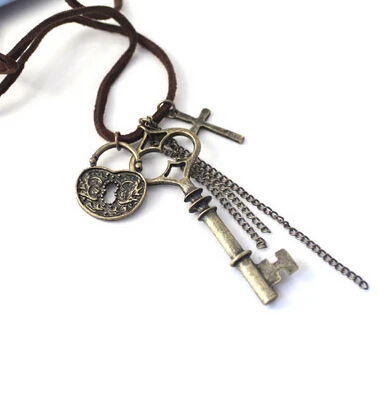 

European Style Bronze Vintage Long Leather Chain Key Cross Lock Sweater Necklace N2647