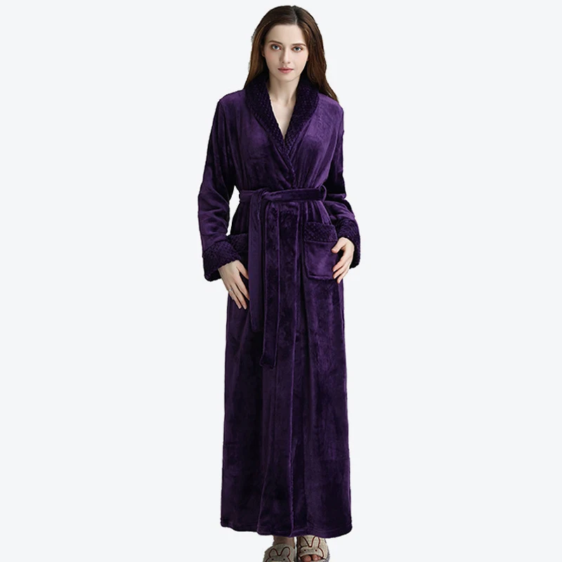Зимний теплый фланелевый Халат для влюбленных, Женский удлиненный халат с поясом и v-образным вырезом, плотное теплое кимоно, домашняя одежда для пар - Цвет: purple