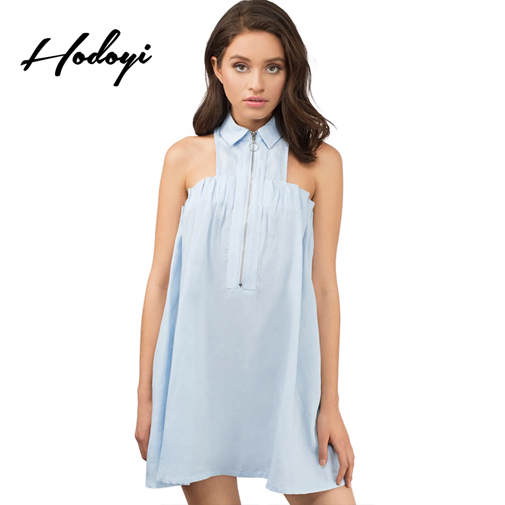 Hodoyi Blue Zipper Front Mini Dress Women Clothing Off Shoulder Preppy