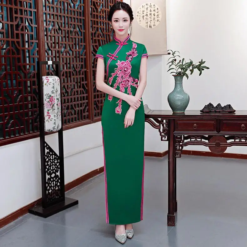 Пикантные тонкие длинные вечерние ongsam платье китайский стиль Свадебные Ретро Женские брак Qipao модная женская одежда Vestidos S-XXL - Цвет: Зеленый