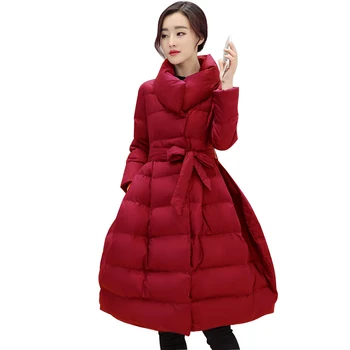 

Hot Sale Winter Women Coat European Style Female Jackets Parkas Overcoat 2019 New Designs Flare A-line Outerwear with Belt
