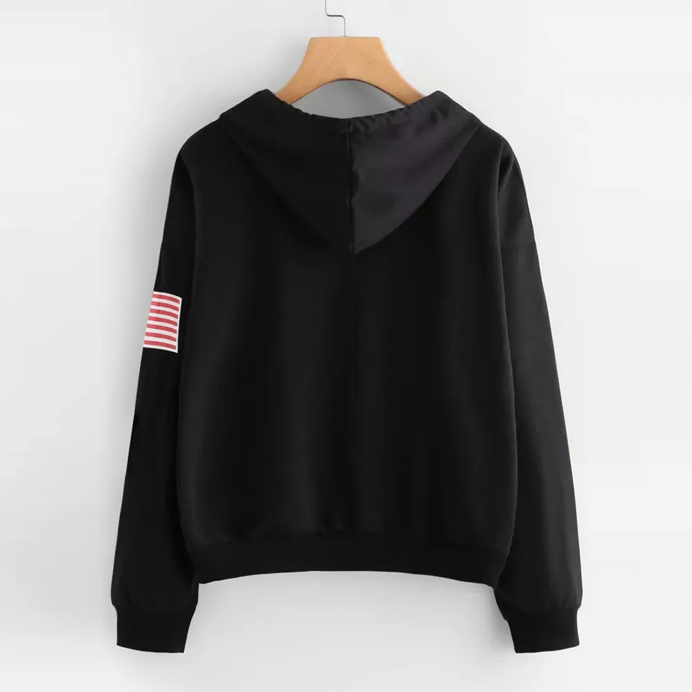 Роскошные женские с принтом букв капюшоном sweatershirt Женская толстовка флаг с надписью пуловер длинными рукавами Блузка