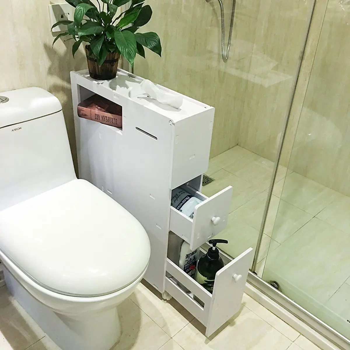 

52x17.5x76cm PVC Wood Bathroom Cabinet with Braked Wheels Waterproof Toilet Storage Cabinets Organizer Cupboard Home Furniture