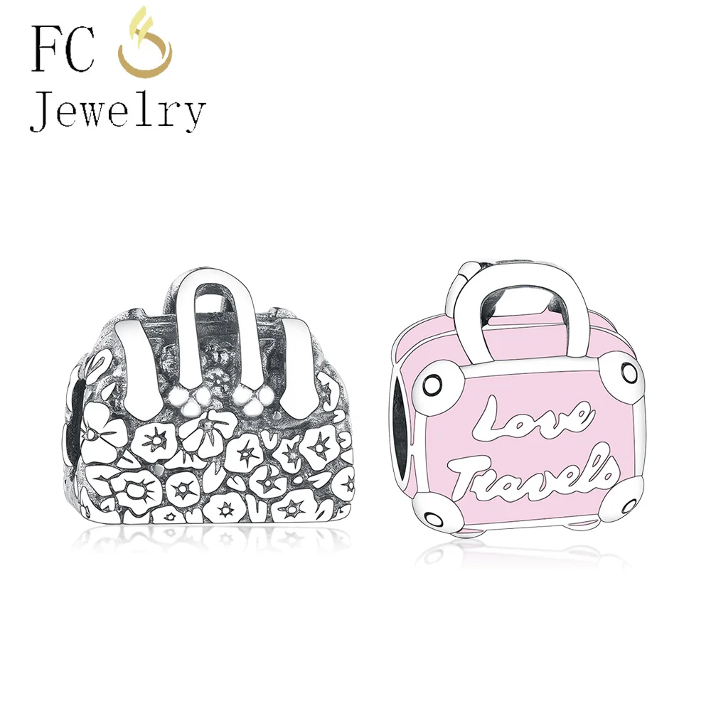 

2019 Genuine 925 Sterling Silver Pink Travel Bag Collection Charm Dangle Fits Original Pandora Charm Bracelet DIY Jewelry Making
