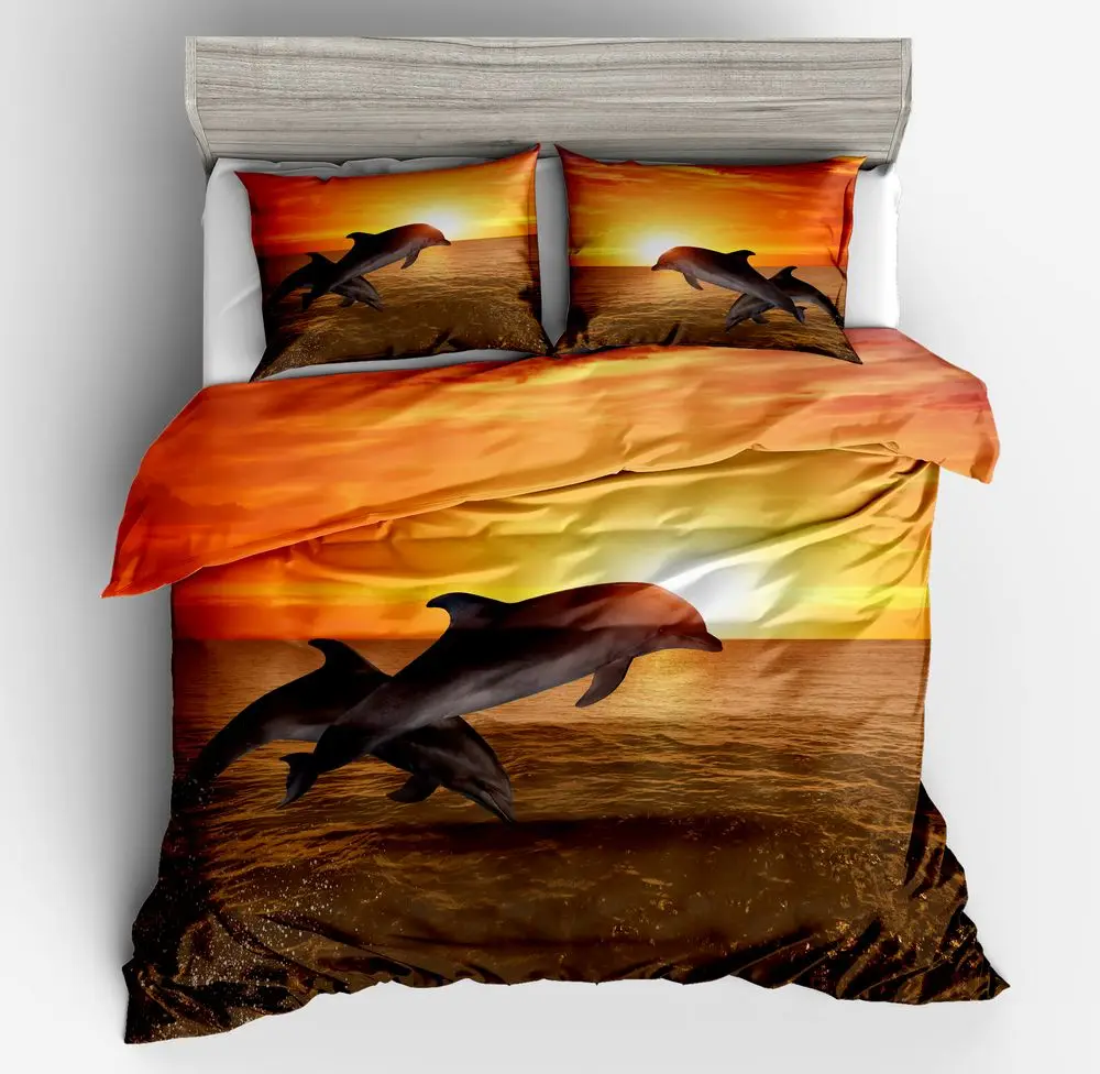 Lai Yin Sun Drop shipping Duvet cover sets Pillow cases  Latest 3d Dolphins in Golden Sunset HD digital print bed set