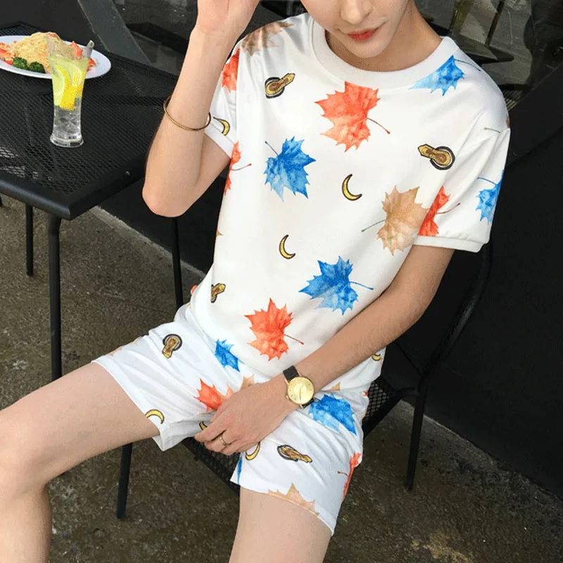 

2019 Summer Short Sleeve Round Neck Print Floral Sets For Men Korean Slim Fit Casula Trousers Set Fashion Male Clothing