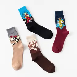 4 пар/уп. ретро мужские носки с художественным принтом забавные счастливые длинные хлопковые носки роспись маслом всемирно известные носки