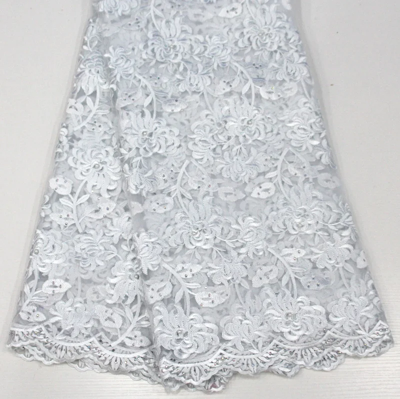 

Latest 2018 African Lace white Fabric With Bead And Stone Nigerian Wedding Embroidered French Tulle Lace Fabric For Bridal