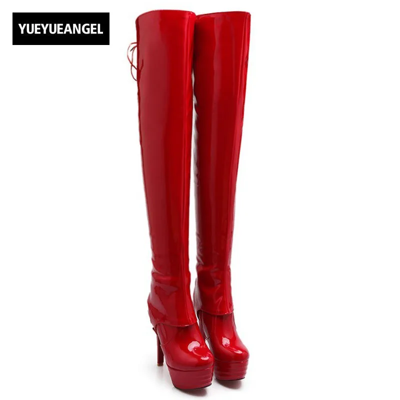 

Woman Over The Knee Boots Patent Leather Platform High Heels Booties Winter Sexy Club Round Toe Long Boots Femme Plus Size 42 43