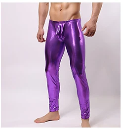 Модные брендовые мужские сексуальные обтягивающие штаны-карандаш из искусственной кожи с мешочком для пениса, спортивные Леггинсы для шоу на сцене - Цвет: Фиолетовый
