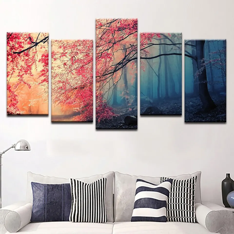 Spray Wall Painting Modular Pictures 5 Panels Plants Red Tree Canvas Decoration Poster Home Living For Room Unframed | Дом и сад