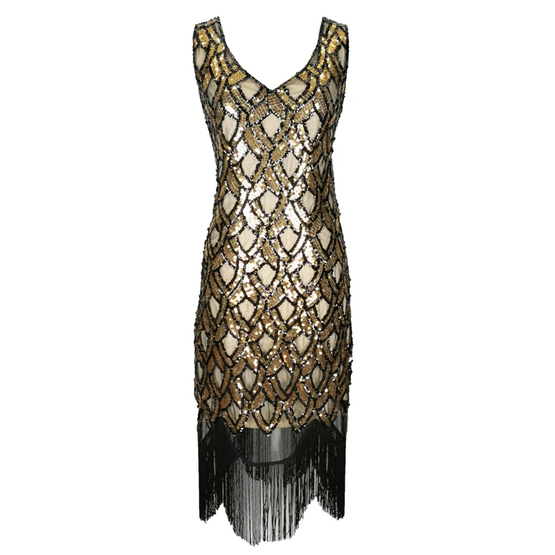 

Vintage 20s Art Deco Inspired Flapper Great Gatsby Fringe Dress V-neck Sleeveless Beaded Sequin Tassel Party Dress Vestidos