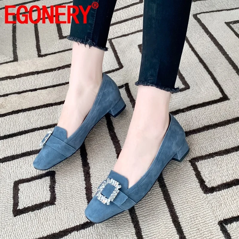 

EGONERY woman shoes 2019 spring new concise kid suede square toe woman flats outside comfortable crystal slip-on plus size shoes