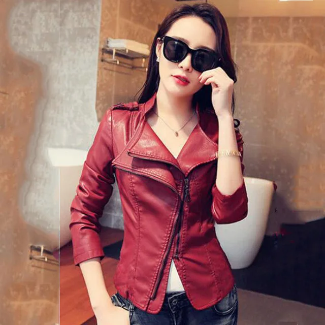 S-3XL, новинка, модное пальто из искусственной кожи, приталенные короткие женские куртки, кожаное пальто с отложным воротником, однотонное байкерское пальто черного цвета A250 - Цвет: wine red