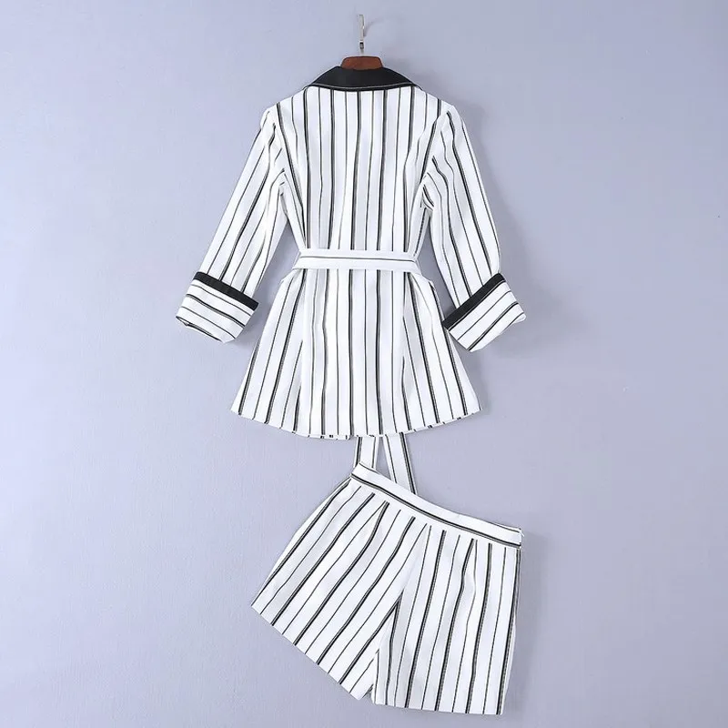 Women New Runway Designer Suit Sets Striped Blazer Suits 3/4 Sleeve Sash Elegant Office Blazer Shorts Suits Women New Runway Designer Suit Sets Striped Blazer Suits 3/4 Sleeve Sash Elegant Office Blazer Shorts Suits
