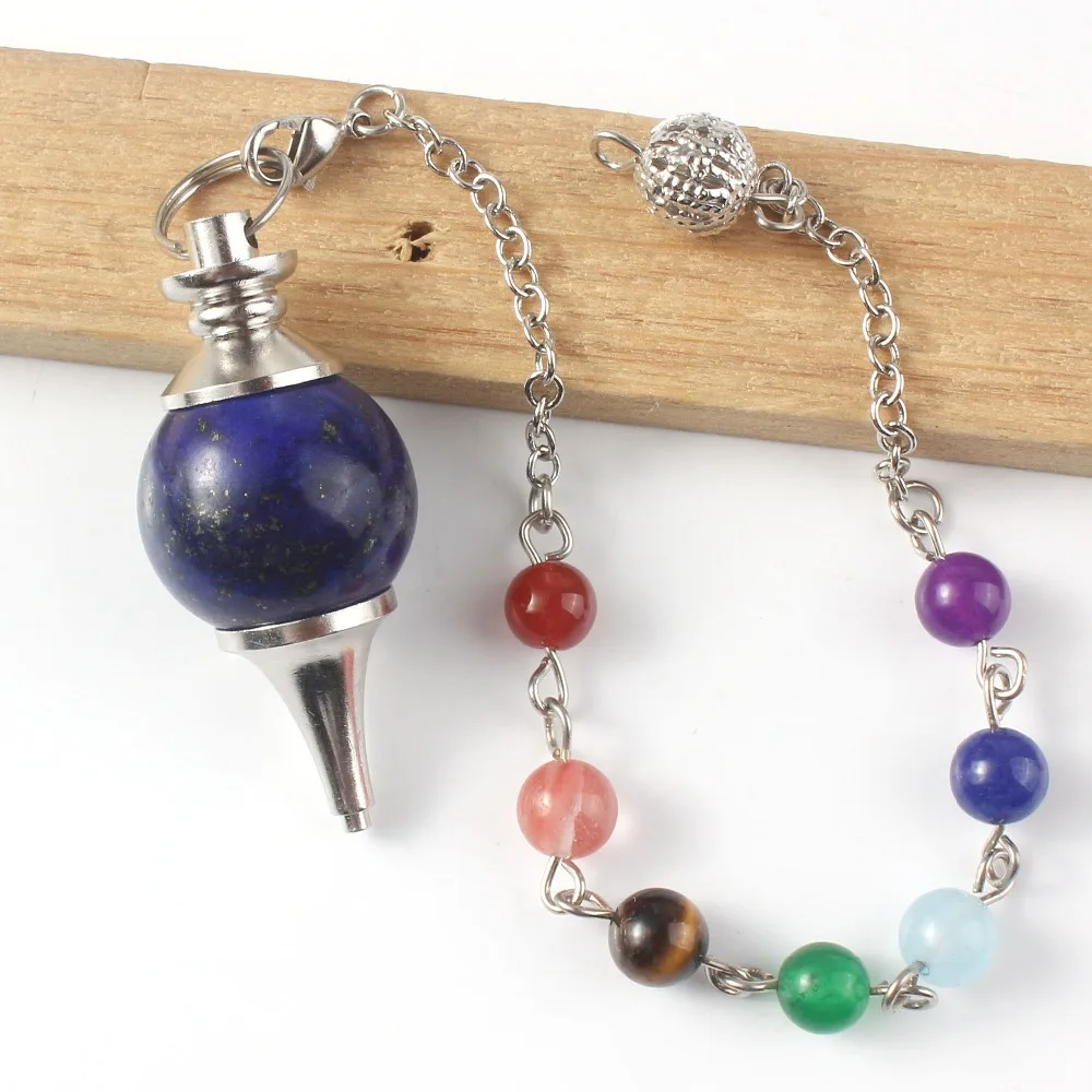 Natural Gnergy Gemstone~ Trendy Silver Plated 7 Beads Chakra Pendulums For Dowsing Lapis Lazuli Pendant Fashion Jewelry 3 img_6145