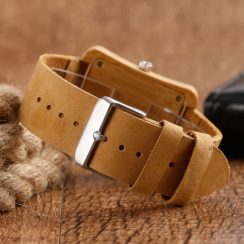 Rectangle Dial Wooden Watches for Men Natural Wood Bamboo Analog Display Genuine Leather Band Quartz Clocks Male Christmas Gifts 2020 2019 (13)