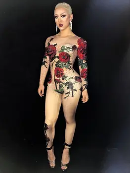 

Sexy Evening Wear Rose Pattern Rompers Women's Stretch Jumpsuit Outfit Bling Bodysuit Sparkly Rhinestones Costume Stones Wear