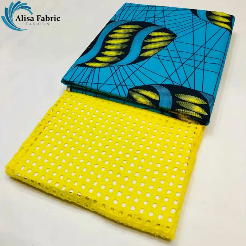 

Alisa 2.5 Yards Swiss Voile Lace Fabric Yellow Embroidery Hollow Out Design Match 3 Yards African Dutch Veritable Wax For Sewing