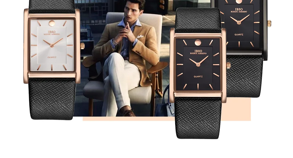 IBSO ультра тонкие часы мужские черные кожаные Наручные часы с прямоугольным циферблатом креативные кварцевые квадратные часы мужские часы Masculino
