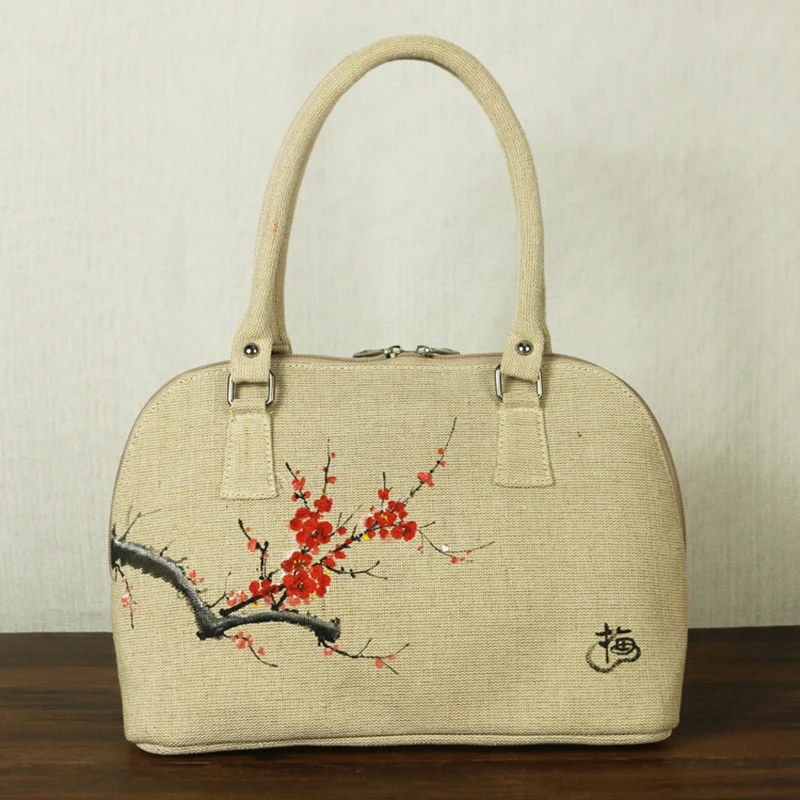 

Chinese Painting Series Women Linen Canvas Shell Bag Flower Hand Painted Top-handle Retro Style Elegant Ladies Handbag