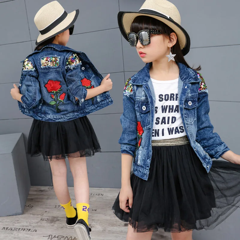 Spring Denim Coat for Children Girls Cotton Kids Baby Jeans Jacket Red Rose Print Tops Toddler Girls Coats and Jackets for 4-14T