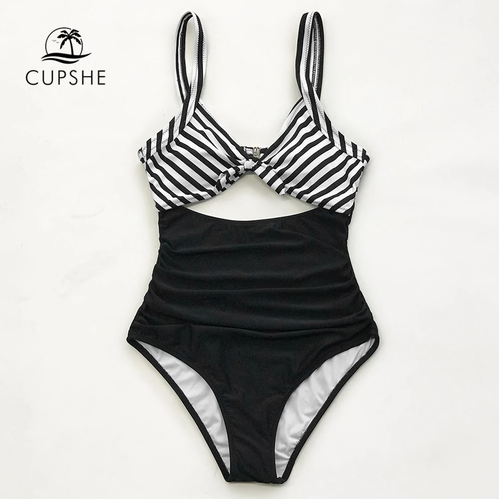 CUPSHE Black And White Ruched One Piece Swimsuit Women Bowknot Cutout ...