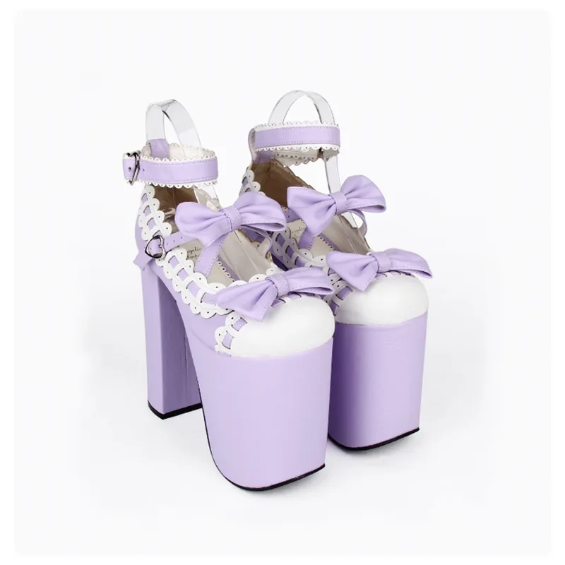 Туфли-лодочки из кожи на очень высоком каблуке 12,5 см; цвет синий, белый; милые туфли в стиле Лолиты с кружевной отделкой и бантом на ремешке для девочек - Цвет: Violet White PU