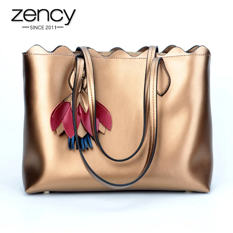 Zency Роскошная золотая женская сумка через плечо, натуральная кожа, Большая вместительная сумка для покупок для леди, модная Серебристая Синяя