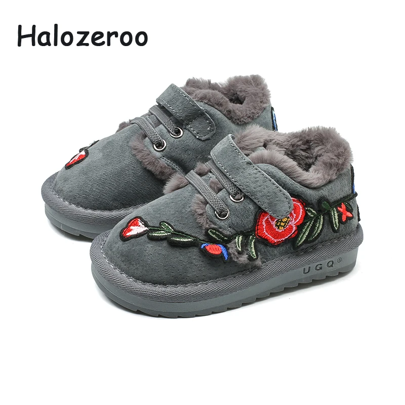

Halozeroo New Winter Baby Girl Genuine Leather Snow Boots Children Flower Soft Boots Toddler Fur Warm Shoes Boy Brand Black Boot