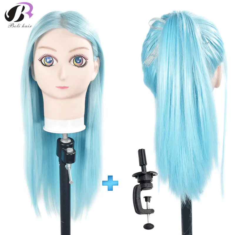Anime Cosmetology Synthetic Fiber Sky Blue Hair Mannequin Head Manikin