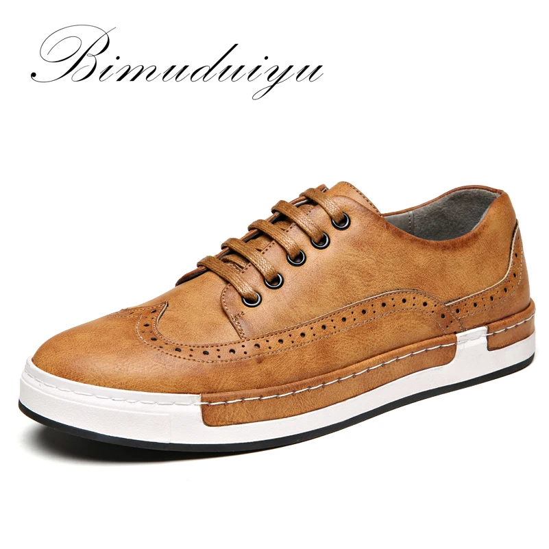 BIMUDUIYU Luxury Brand Four Seasons Wipe color PU leather Bullock Men Casual Shoes British Fashion Retro Lace Flat Shoes