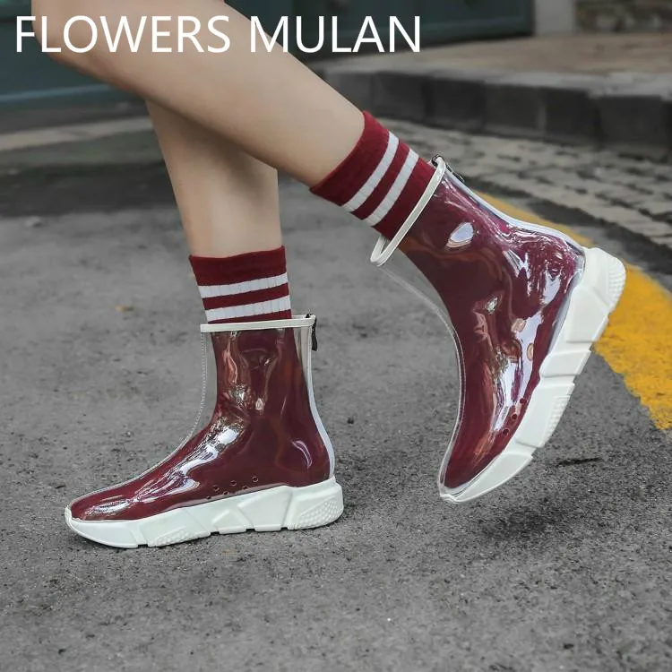 

Hot Brand Transparent PVC Upper Ankle Boots For Women Round Toe Back Zipper Spring Autumn Shoes Woman Designers Zapatos De Mujer