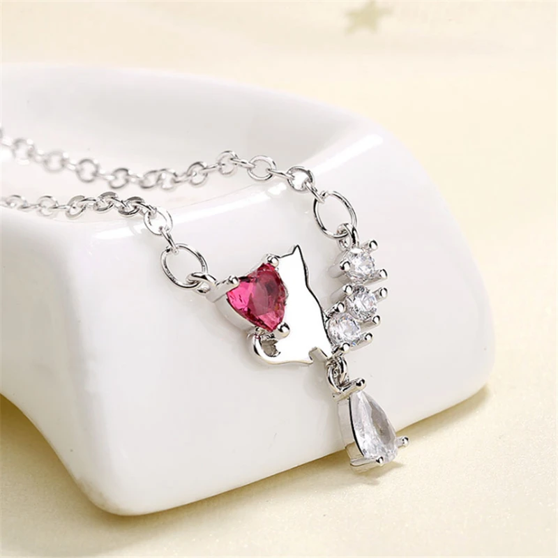 

Fashion Free Shipping 925 Sterling Silver Pendants Necklace Cute Cat Water Drop Red Stone Crystal Womens Necklaces Jewelry P209