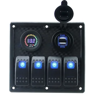 

12V 4 Gang Blue LED Rocker Switch Panel USB Charger Car Race Boat Auto voltmeter
