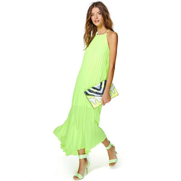 Free shipping 2015 summer women's fashion casual style dress Dress lime green pleated sleeveless