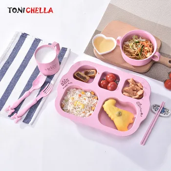

7 Pcs/set Baby Wheat Dinnerware Food Feeding Children Tableware Plate Bowl Fork Spoon Cup Toddler Dishes Kids Utensils BB5113