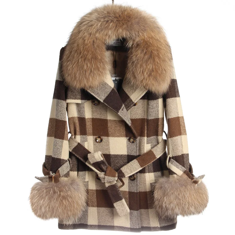 

brand 2019 New Autumn Winter jacket Women Wool Blend Trench Coat big Real Raccoon Fur Collar Casual Long Outerwear Plaid parka