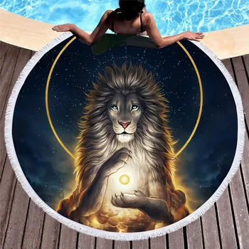 

Lion King Printed Round Beach Towel For Adults Microfiber Animal Bath Towel With Tassels Yoga Mat