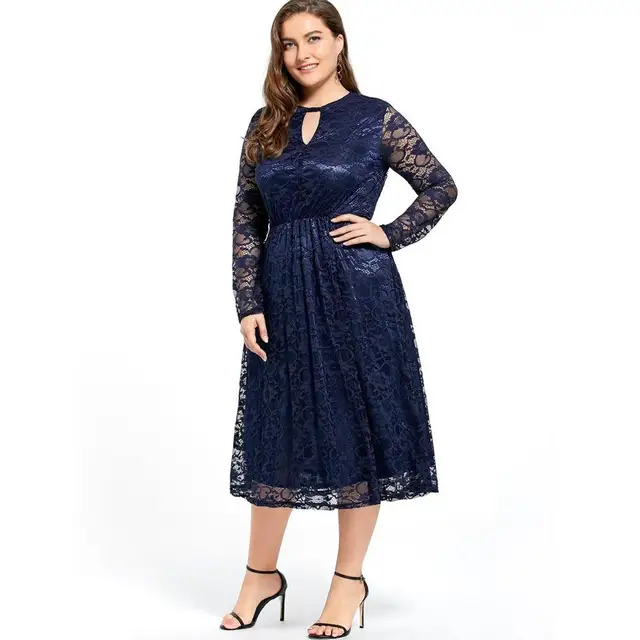 Charming Elegant Women Lace Solid Color Long Dress Casual Long Sleeve O ...