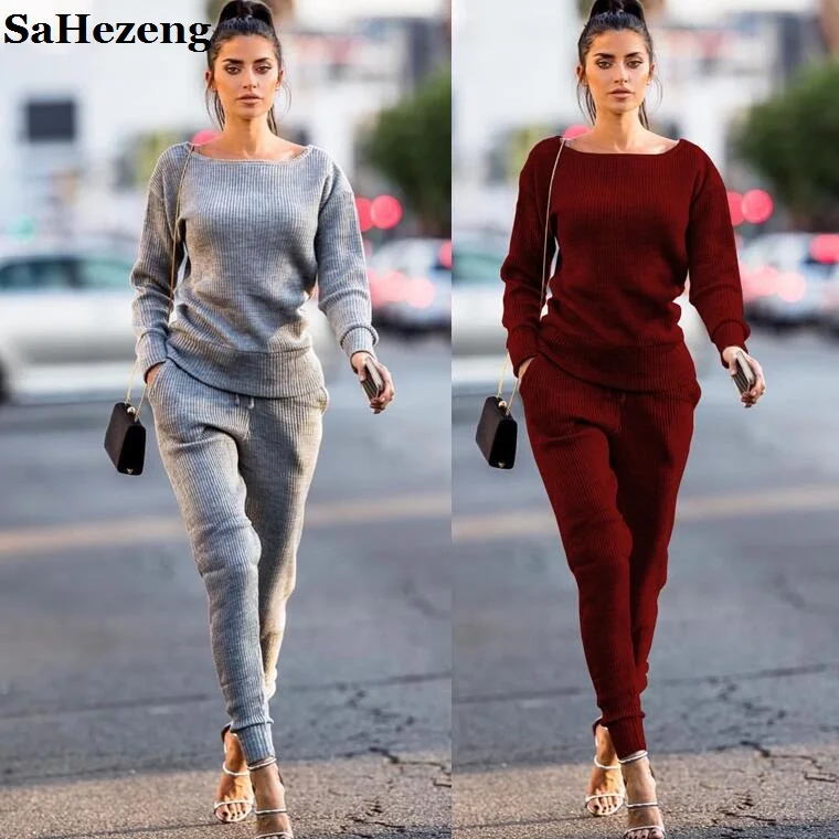 

Two Piece Women Knitted Set Tracksuit Women 2019 New Spring Autumn Long Sleeve Sweatshirts and Long Pants Sets Outfits WS188