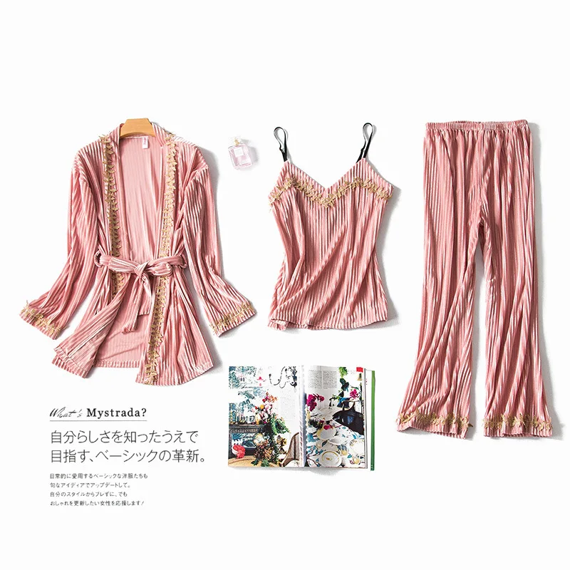 Новинка, китайский женский бархатный халат, комплект для сна, зимняя ночная рубашка, одежда для сна, 3 предмета, домашняя одежда, теплый Пижамный костюм