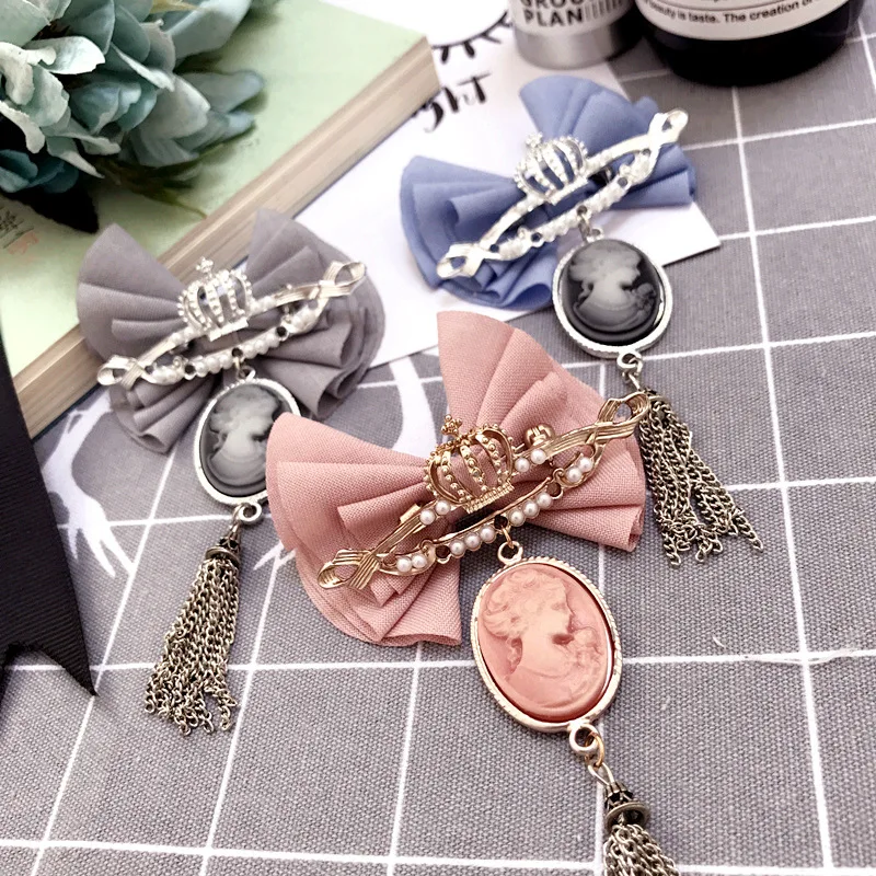 

Korea Yarn Bow Knot Crown Beauty Head Alloy Tassel Badge Brooches Pins Fashion Jewelry For Girl Woman Accessories-SWGWBH047F
