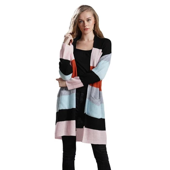 

Patchwork Knitted Open Front Rainbow Striped Cardigan Autumn Sweater Women Long Sleeve Women Coat Sueter Mujer 2019