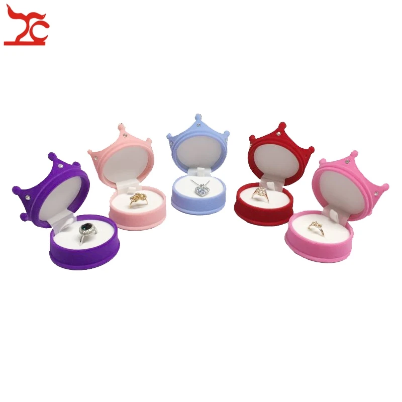 Elegant Velvet Ring Display Box Princess Crown Shaped Earrings Stud Pendant Container Little Girl Necklace Ring Storage Gift Box