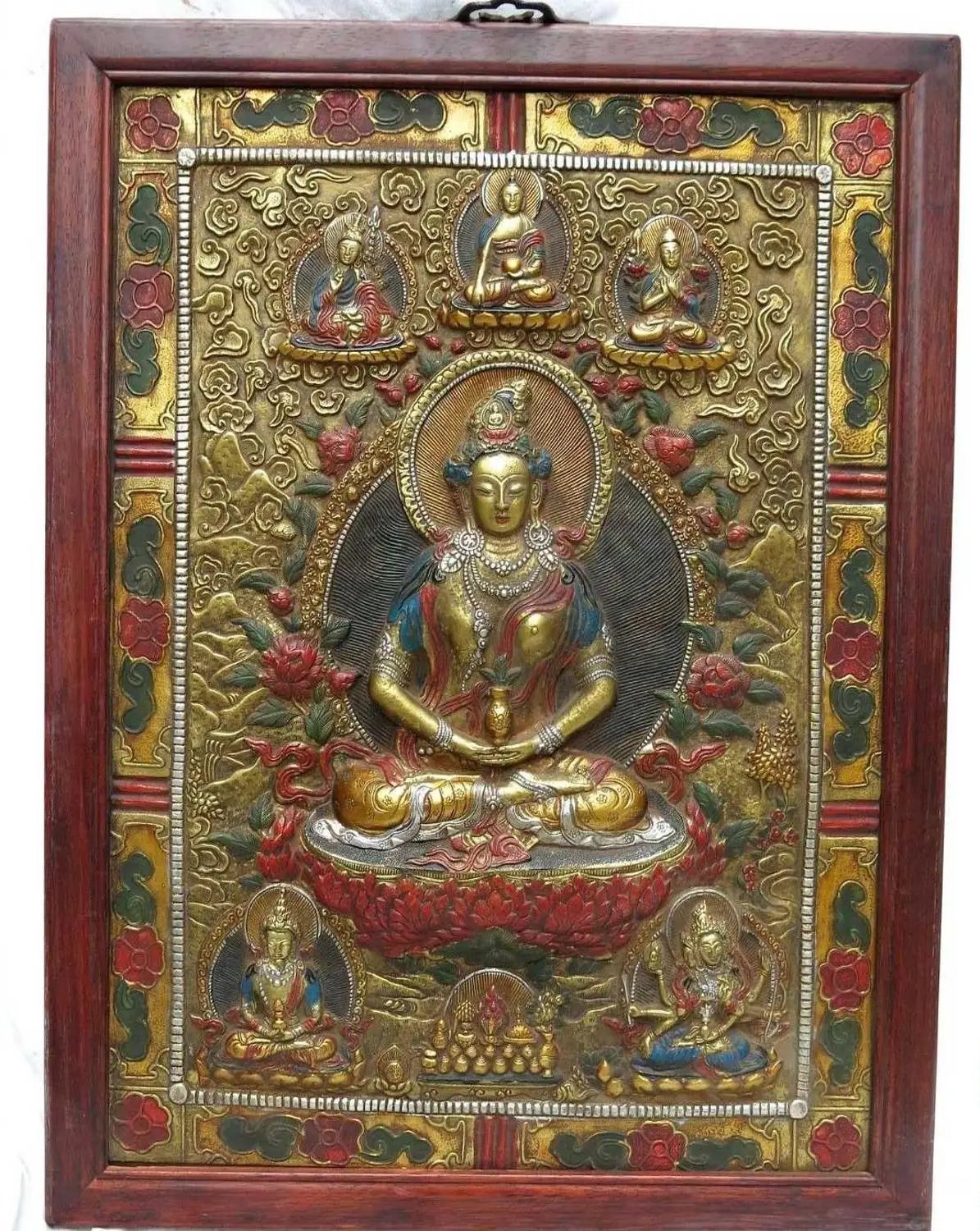 

30" Tibet wood copper gild Kwan-yin and five buddha Thangka Sculpture Statue