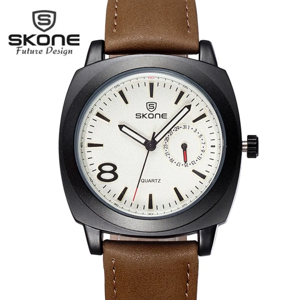 

SKONE Luminous Leather Watch Men Top Brand Luxury Calendar Mens Quartz Watch Fashion Sport Watches Relogio Masculino XFCS 2017