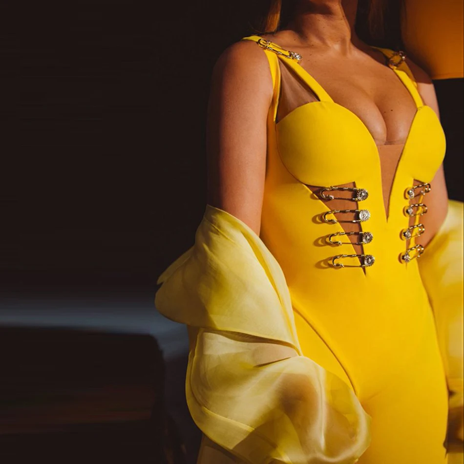 Желтый женский бандажный комбинезон сексуальный v-образный вырез полый Облегающий комбинезон Полная Длина Комбинезон Сексуальная Вечерние высокое качество Комбинезон